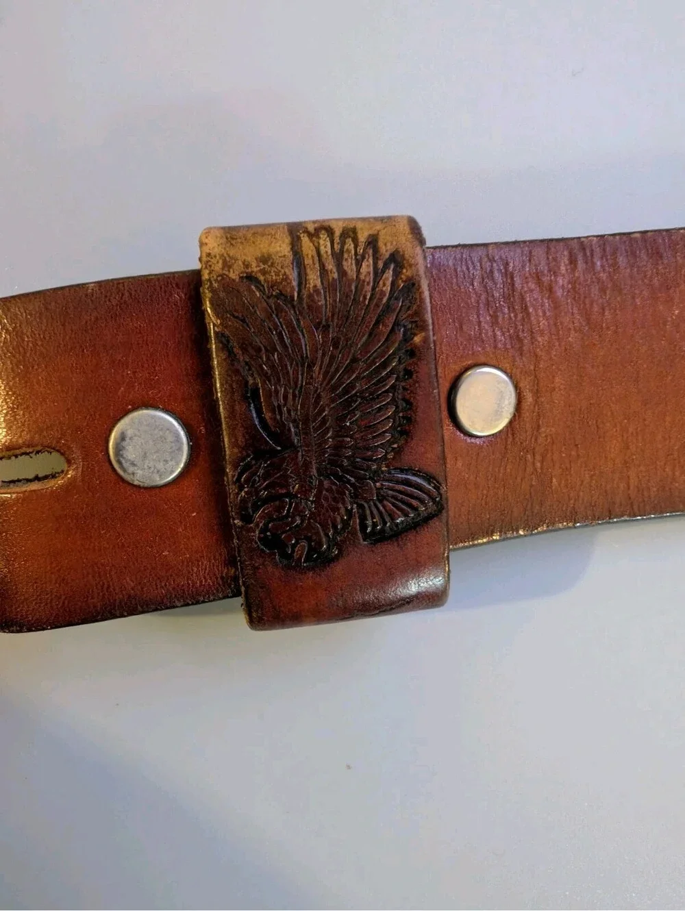 Vtg 70s Hand Painted Bald Eagle Tooled Leather Belt Strap Made in USA 36